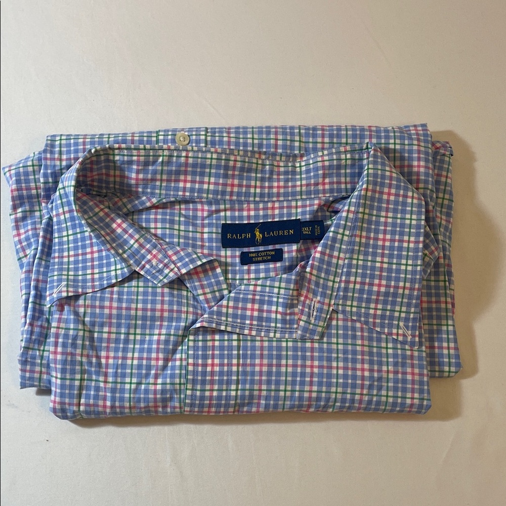 Ralph Lauren Men's Blue Plaid Shirt 3XL Long Sleeve Big & Tall Stretch Cotton